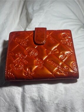 Chanel Authentic Orange Quilted Lucky Charm Leather Wallet  Embossed Patent